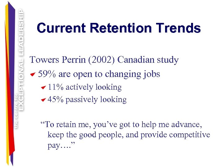 Current Retention Trends Towers Perrin (2002) Canadian study 59% are open to changing jobs