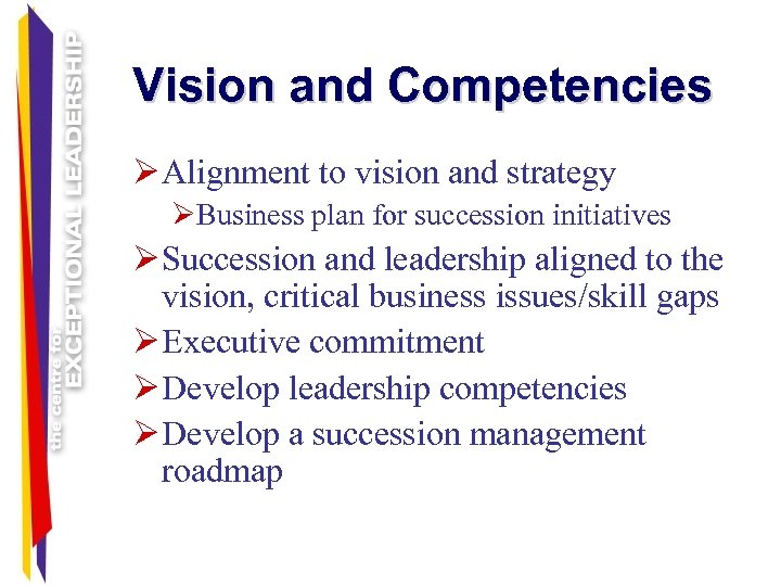 Vision and Competencies Ø Alignment to vision and strategy ØBusiness plan for succession initiatives