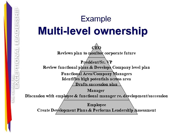 Example Multi-level ownership CEO Reviews plan to monitor corporate future President/Sr. VP Review functional