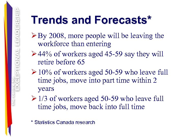 Trends and Forecasts* Ø By 2008, more people will be leaving the workforce than