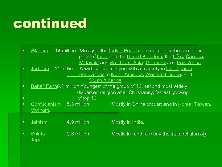 continued • Sikhism 19 million Mostly in the Indian Punjab; also large numbers in