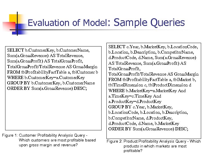 Evaluation of Model: Sample Queries SELECT b. Customer. Key, b. Customer. Name, Sum(a. Gross.