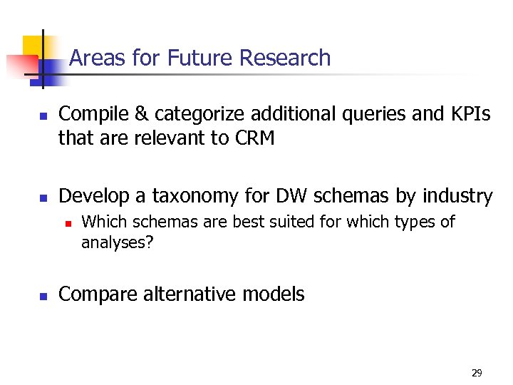 Areas for Future Research n n Compile & categorize additional queries and KPIs that