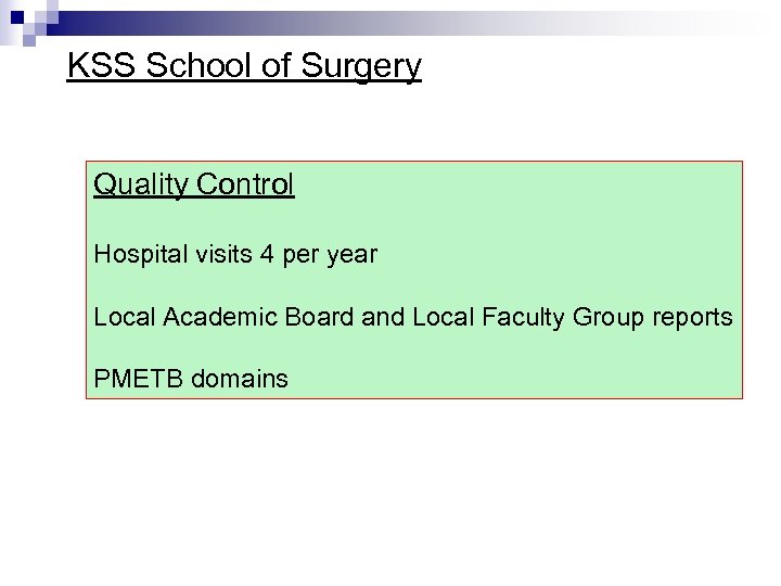 KSS School of Surgery Quality Control Hospital visits 4 per year Local Academic Board