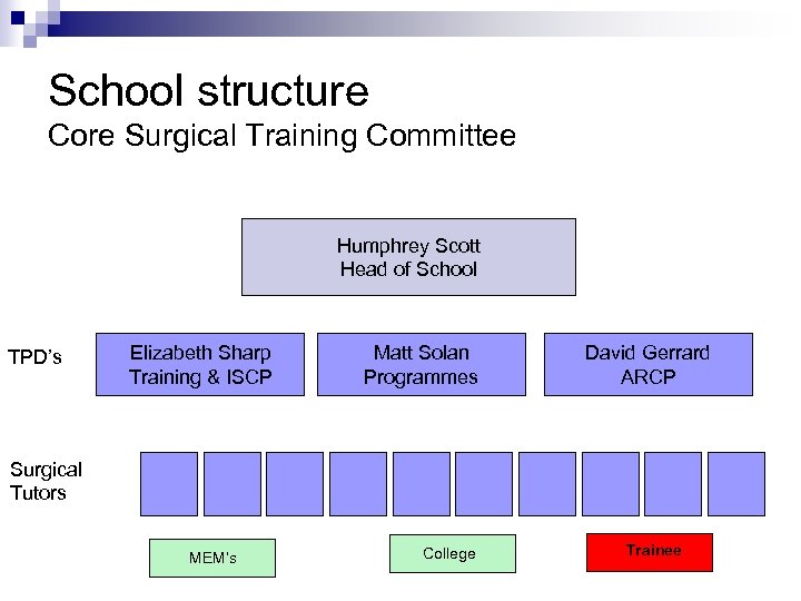 School structure Core Surgical Training Committee Humphrey Scott Head of School TPD’s Elizabeth Sharp