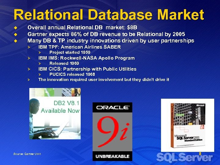 Relational Database Market u u u Overall annual Relational DB market: $8 B Gartner