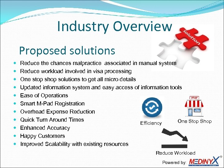 Industry Overview Proposed solutions Reduce the chances malpractice associated in manual system Reduce workload