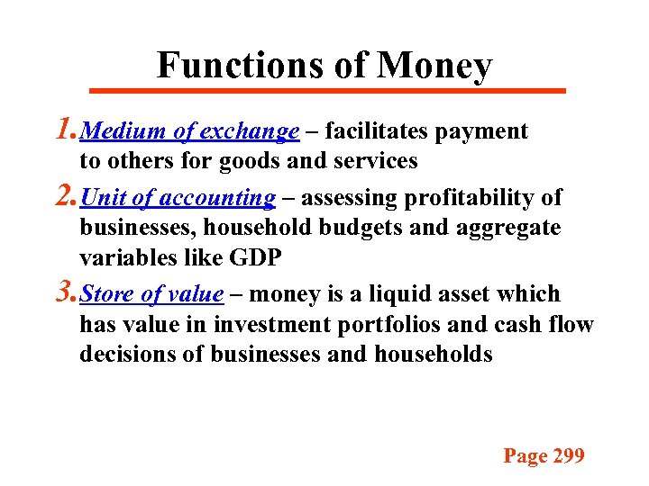 Functions of Money 1. Medium of exchange – facilitates payment to others for goods