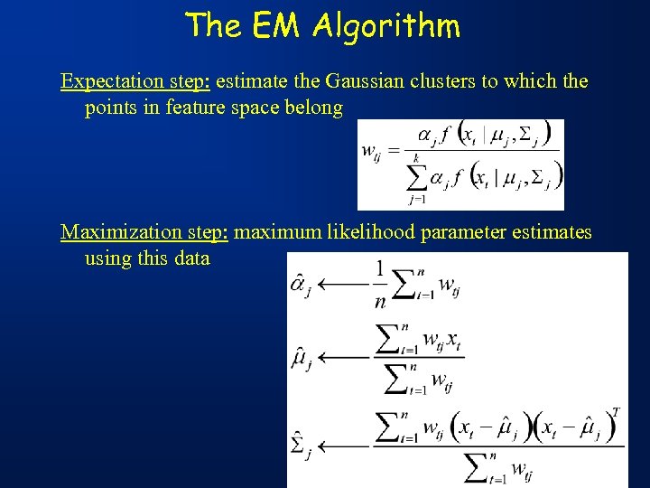 The EM Algorithm Expectation step: estimate the Gaussian clusters to which the points in