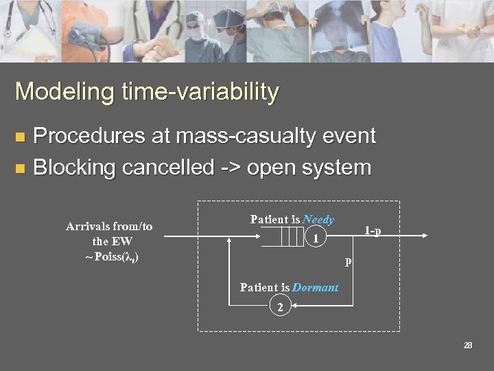 Modeling time-variability Procedures at mass-casualty event n Blocking cancelled -> open system n Arrivals