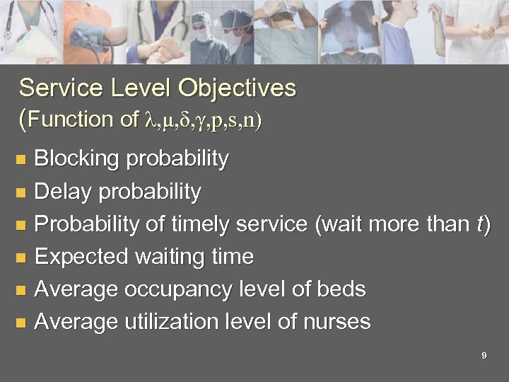 Service Level Objectives (Function of λ, μ, δ, γ, p, s, n) Blocking probability