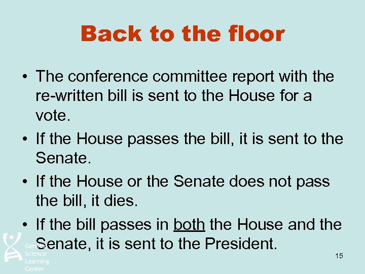 Back to the floor • The conference committee report with the re-written bill is