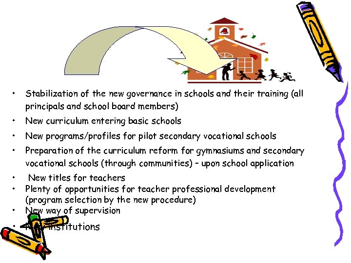  • Stabilization of the new governance in schools and their training (all principals