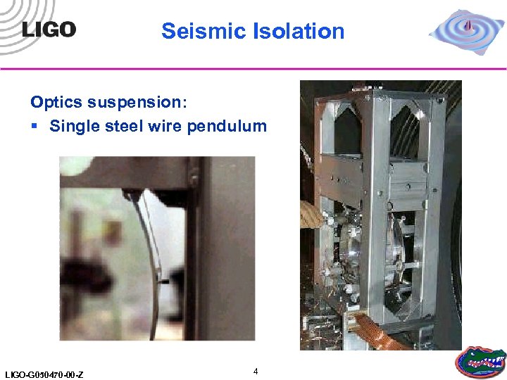 Seismic Isolation Optics suspension: § Single steel wire pendulum LIGO-G 050470 -00 -Z 4