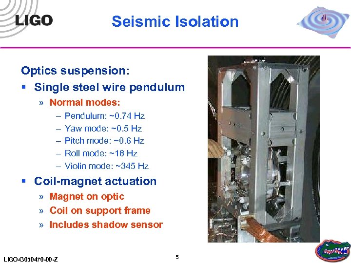 Seismic Isolation Optics suspension: § Single steel wire pendulum » Normal modes: – –