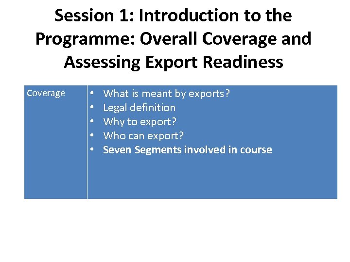 Session 1: Introduction to the Programme: Overall Coverage and Assessing Export Readiness Coverage •