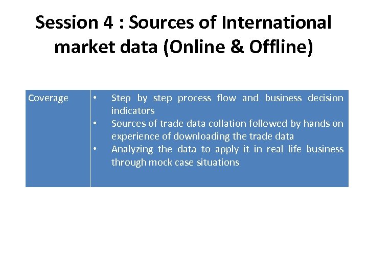 Session 4 : Sources of International market data (Online & Offline) Coverage • •