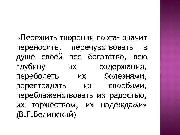  «Пережить творения поэта- значит переносить, перечувствовать в душе своей все богатство, всю глубину