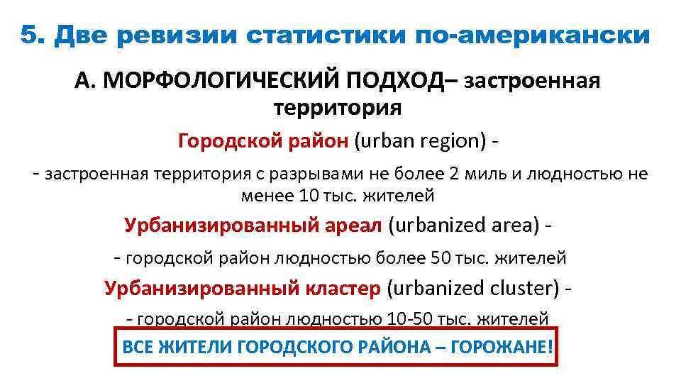 5. Две ревизии статистики по-американски А. МОРФОЛОГИЧЕСКИЙ ПОДХОД– застроенная территория Городской район (urban region)