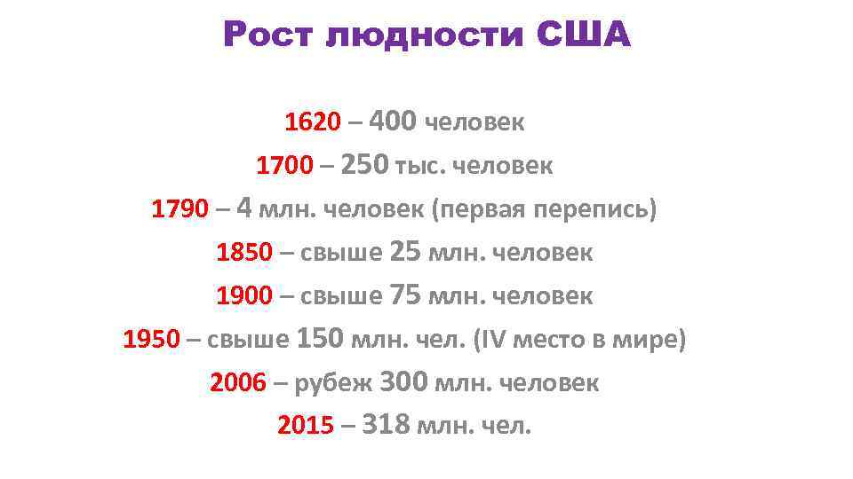 Рост людности США 1620 – 400 человек 1700 – 250 тыс. человек 1790 –