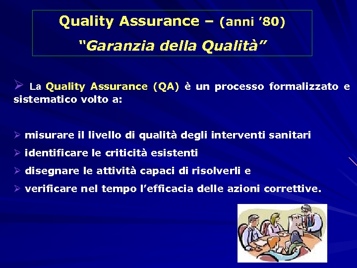 Quality Assurance – (anni ’ 80) “Garanzia della Qualità” Ø La Quality Assurance (QA)