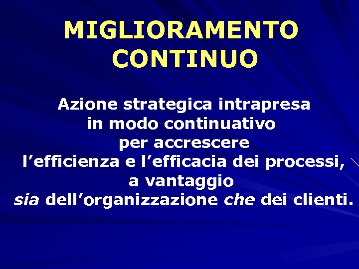 MIGLIORAMENTO CONTINUO Azione strategica intrapresa in modo continuativo per accrescere l’efficienza e l’efficacia dei