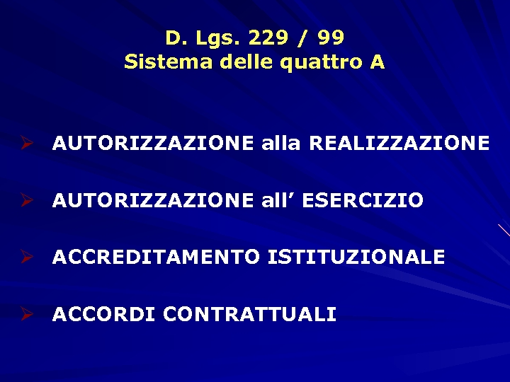D. Lgs. 229 / 99 Sistema delle quattro A Ø AUTORIZZAZIONE alla REALIZZAZIONE Ø