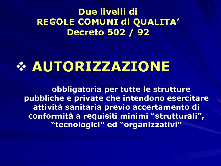 Due livelli di REGOLE COMUNI di QUALITA’ Decreto 502 / 92 v AUTORIZZAZIONE obbligatoria