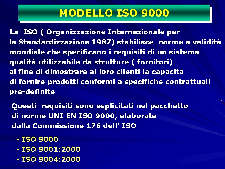 MODELLO ISO 9000 La ISO ( Organizzazione Internazionale per la Standardizzazione 1987) stabilisce norme