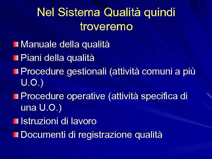 Nel Sistema Qualità quindi troveremo Manuale della qualità Piani della qualità Procedure gestionali (attività