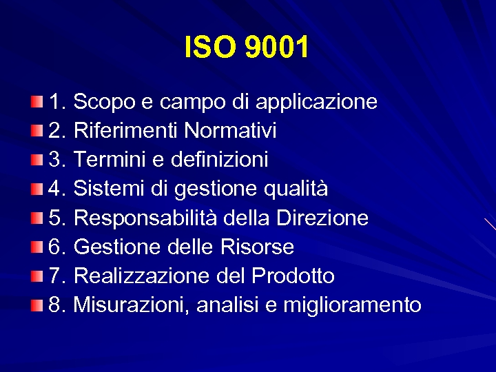 ISO 9001 1. Scopo e campo di applicazione 2. Riferimenti Normativi 3. Termini e
