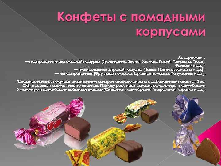 Конфеты с помадными корпусами Ассортимент: — глазированные шоколадной глазурью (Буревестник, Весна, Василек, Радий, Ромашка,