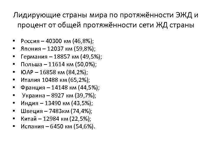 Лидирующие страны мира по протяжённости ЭЖД и процент от общей протяжённости сети ЖД страны