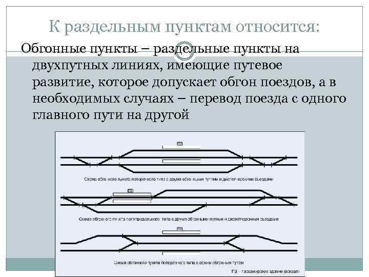К раздельным пунктам относится: Обгонные пункты – раздельные пункты на двухпутных линиях, имеющие путевое