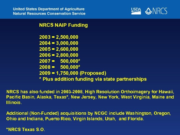 NRCS NAIP Funding 2003 = 2, 500, 000 2004 = 3, 000 2005 =