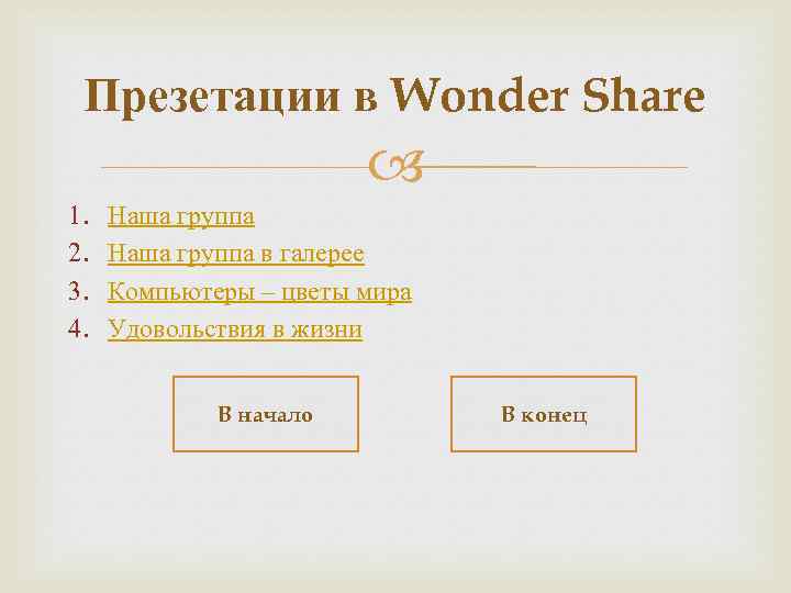 Презетации в Wonder Share 1. 2. 3. 4. Наша группа в галерее Компьютеры –