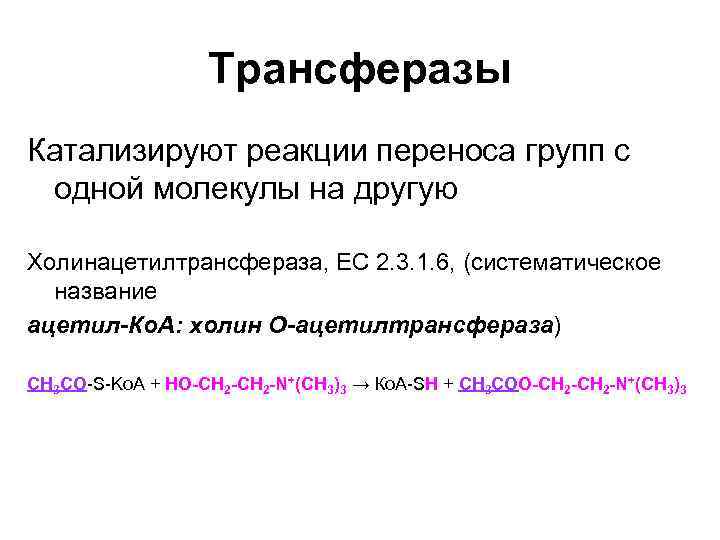 Трансферазы Катализируют реакции переноса групп с одной молекулы на другую Холинацетилтрансфераза, ЕС 2. 3.