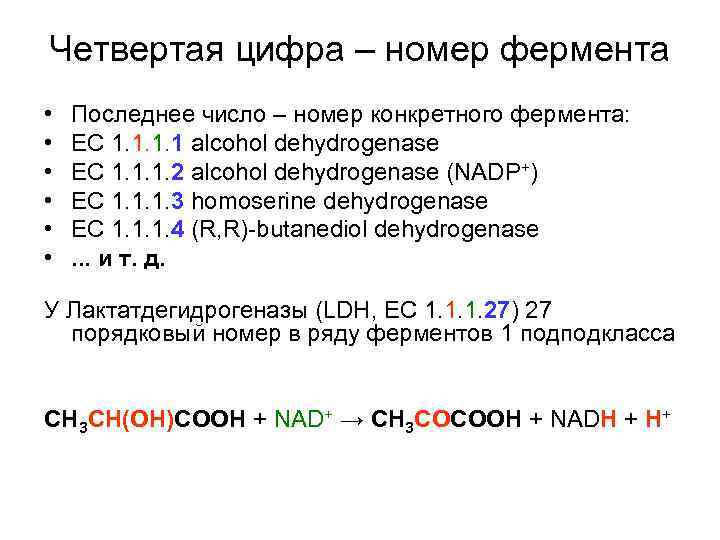 Четвертая цифра – номер фермента • • • Последнее число – номер конкретного фермента: