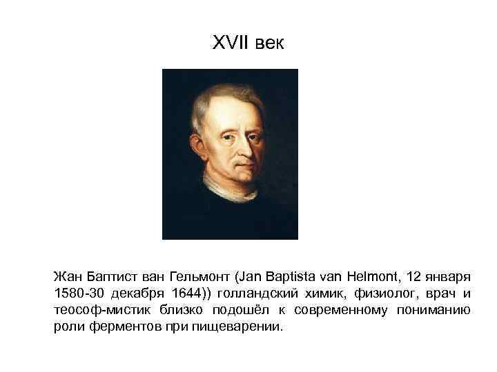 ХVII век Жан Баптист ван Гельмонт (Jan Baptista van Helmont, 12 января 1580 -30