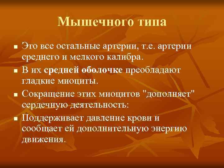 Мышечного типа n n Это все остальные артерии, т. е. артерии среднего и мелкого