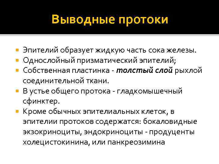 Выводные протоки Эпителий образует жидкую часть сока железы. Однослойный призматический эпителий; Собственная пластинка -