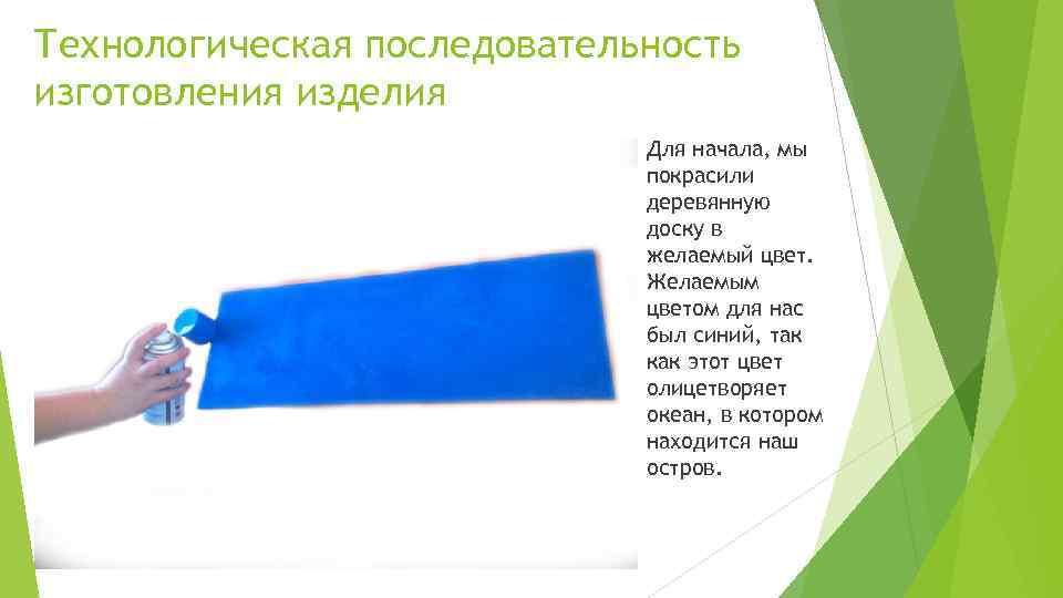 Технологическая последовательность изготовления изделия Для начала, мы покрасили деревянную доску в желаемый цвет. Желаемым