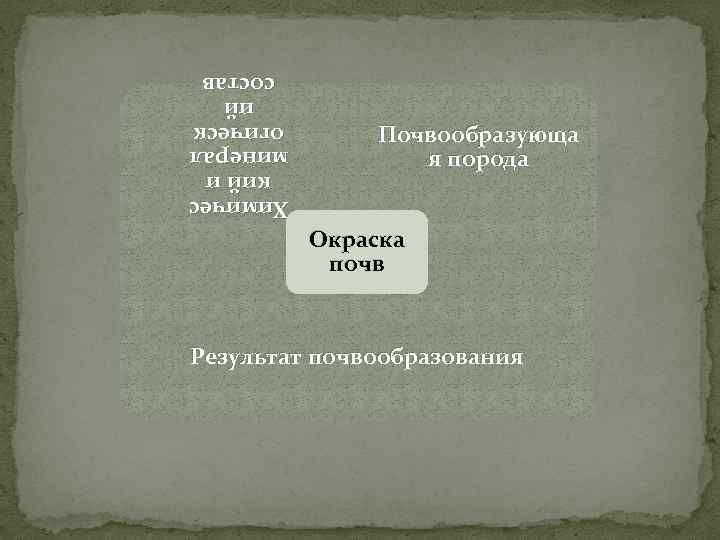 Результат почвообразования Окраска почв Почвообразующа я порода Химичес кий и минерал огическ ий ий