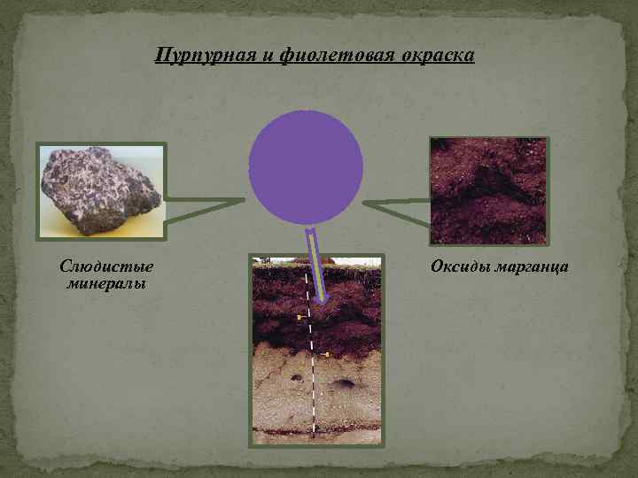 Пурпурная и фиолетовая окраска Слюдистые минералы Оксиды марганца 