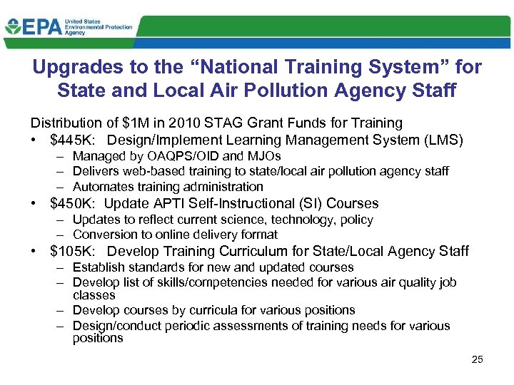 Upgrades to the “National Training System” for State and Local Air Pollution Agency Staff