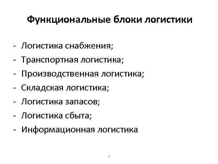 Функциональные блоки логистики - Логистика снабжения; Транспортная логистика; Производственная логистика; Складская логистика; Логистика запасов;