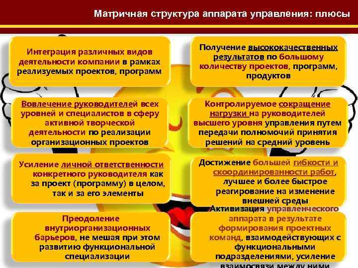 Матричная структура аппарата управления: плюсы Интеграция различных видов деятельности компании в рамках реализуемых проектов,