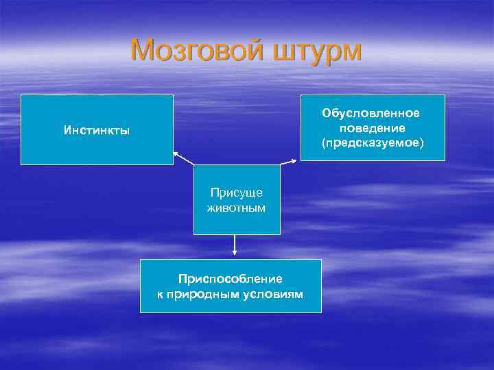 Мозговой штурм Обусловленное поведение (предсказуемое) Инстинкты Присуще животным Приспособление к природным условиям 