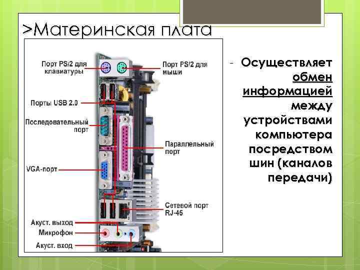 >Материнская плата - Осуществляет обмен информацией между устройствами компьютера посредством шин (каналов передачи) 