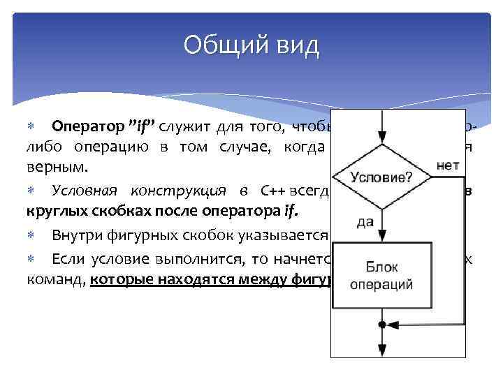 Общий вид Оператор ”if” служит для того, чтобы выполнить какуюлибо операцию в том случае,